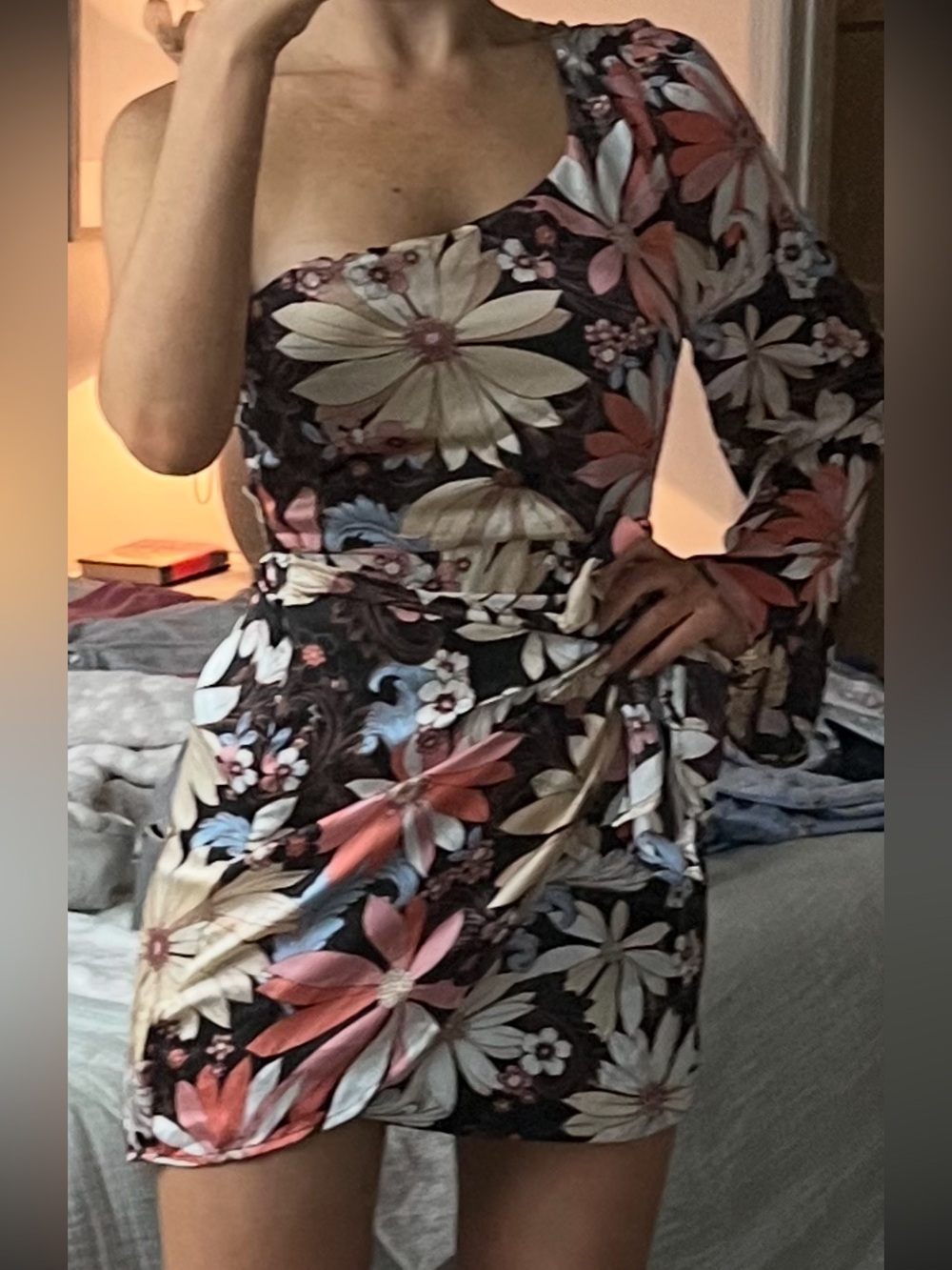 Floral One-Shoulder Midi Dress in Black and Pink
